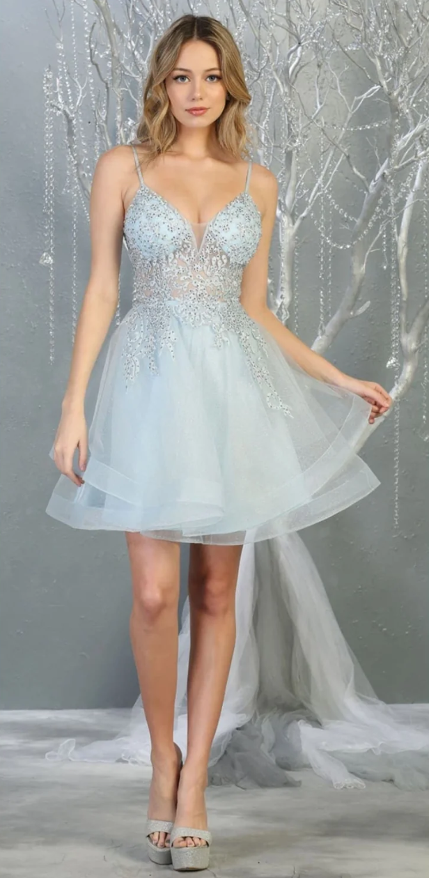 Applique Short V-Neck Tiered Dress by May Queen MQ1816