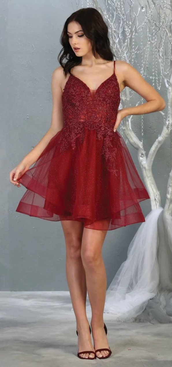 Applique Short V-Neck Tiered Dress by May Queen MQ1816