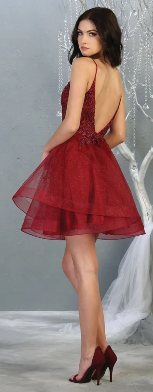 Applique Short V-Neck Tiered Dress by May Queen MQ1816