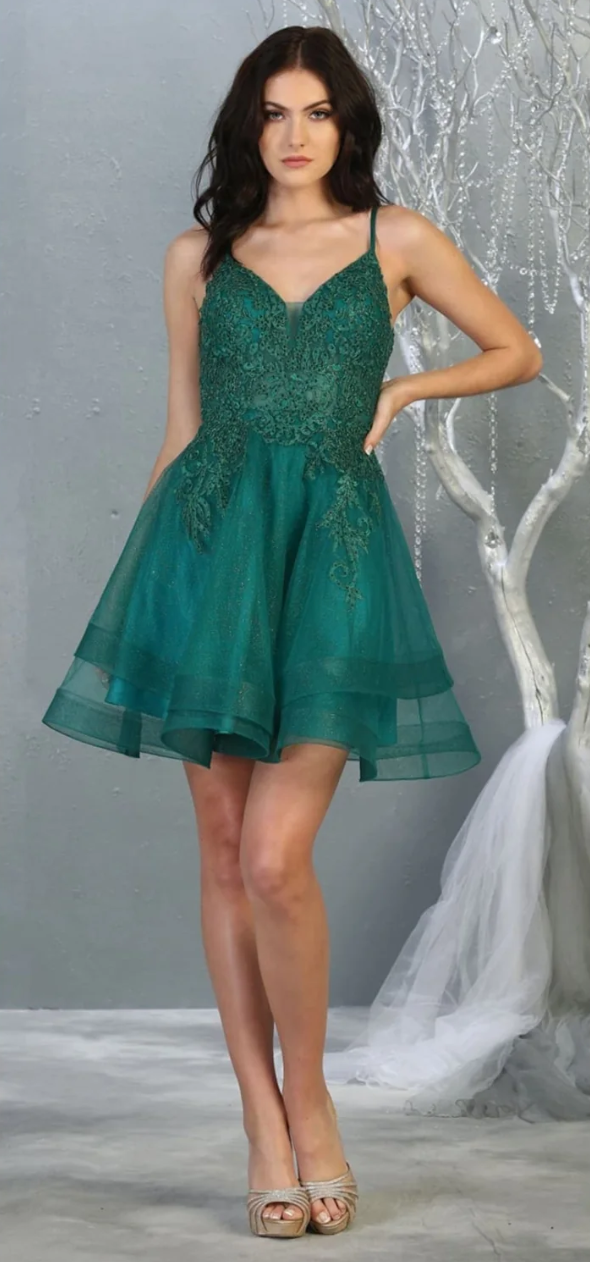 Applique Short V-Neck Tiered Dress by May Queen MQ1816