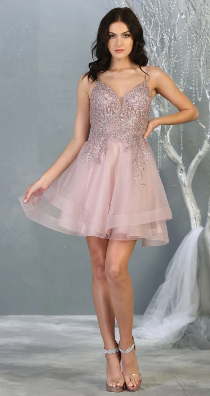 Applique Short V-Neck Tiered Dress by May Queen MQ1816