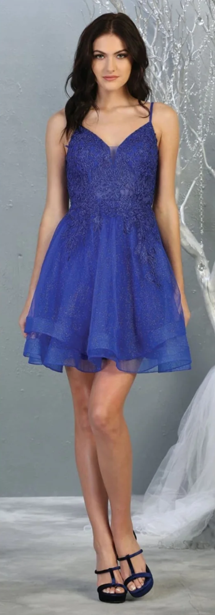 Applique Short V-Neck Tiered Dress by May Queen MQ1816