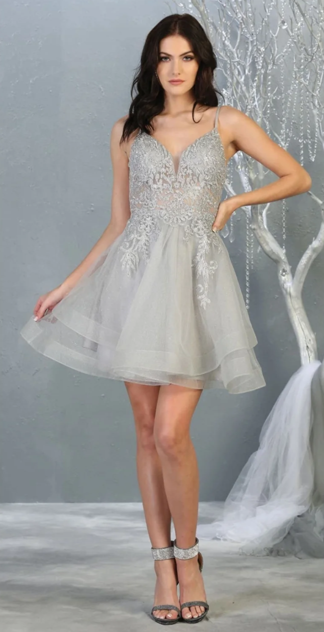 Applique Short V-Neck Tiered Dress by May Queen MQ1816