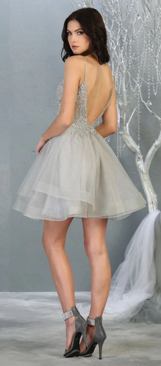 Applique Short V-Neck Tiered Dress by May Queen MQ1816