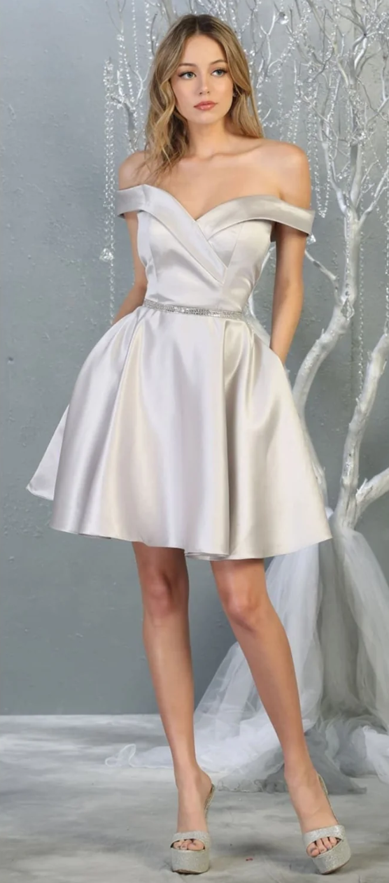 Satin Short Off Shoulder Dress by May Queen MQ1815