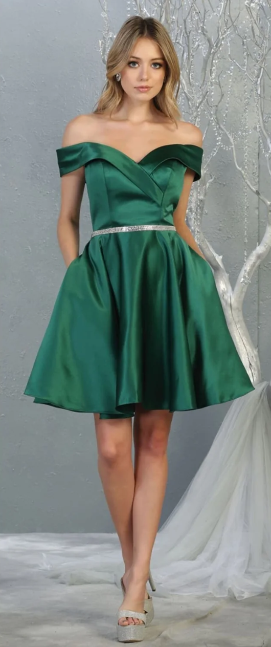 Satin Short Off Shoulder Dress by May Queen MQ1815
