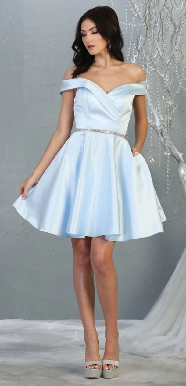 Satin Short Off Shoulder Dress by May Queen MQ1815