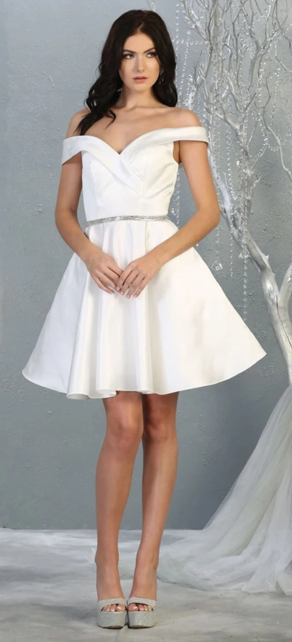 Satin Short Off Shoulder Dress by May Queen MQ1815