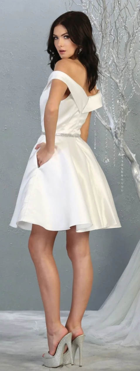 Satin Short Off Shoulder Dress by May Queen MQ1815