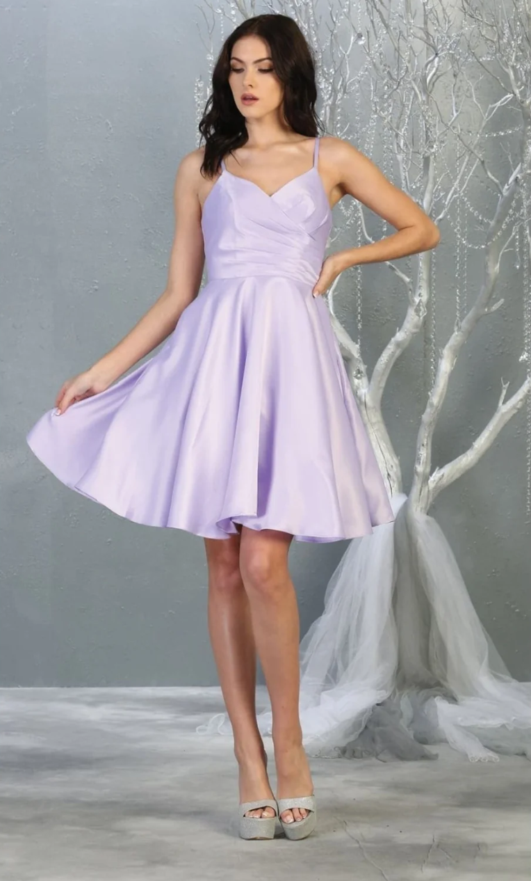 Satin Short V-Neck A-line Dress by May Queen MQ1654