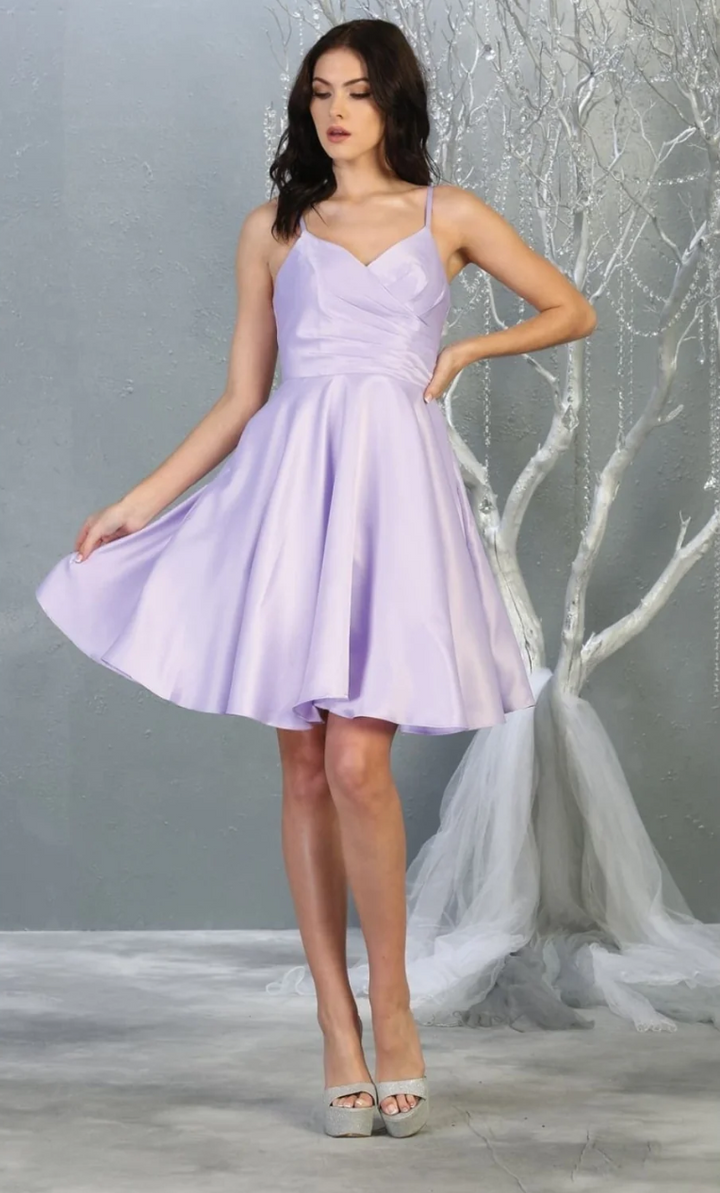 Satin Short V-Neck A-line Dress by May Queen MQ1654