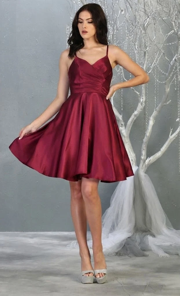Satin Short V-Neck A-line Dress by May Queen MQ1654