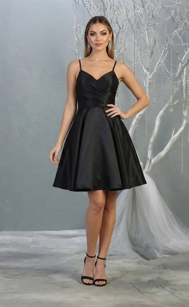 Satin Short V-Neck A-line Dress by May Queen MQ1654