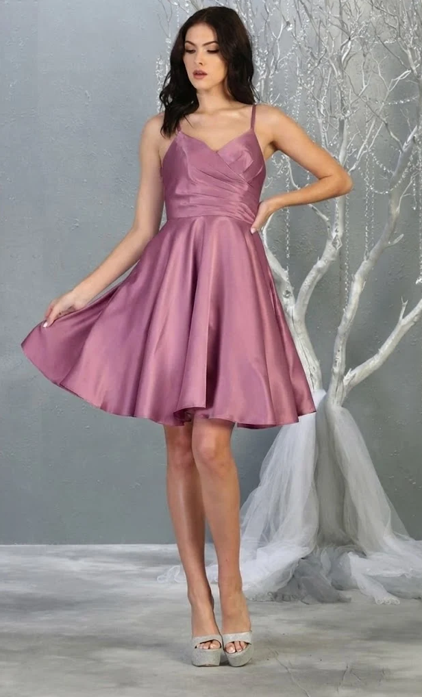 Satin Short V-Neck A-line Dress by May Queen MQ1654