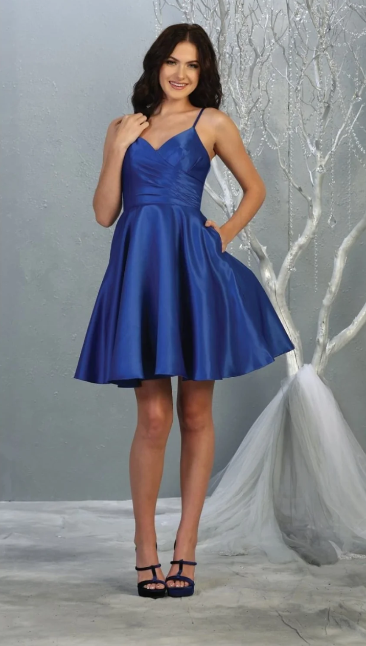 Satin Short V-Neck A-line Dress by May Queen MQ1654
