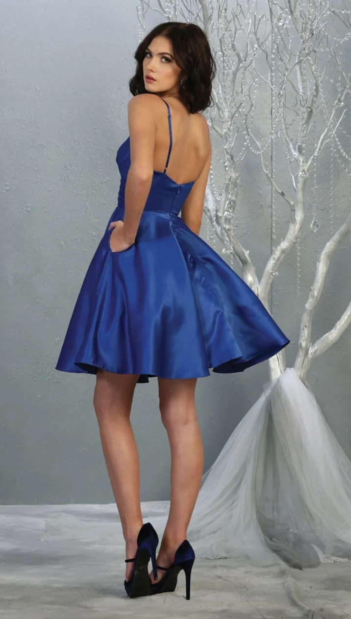 Satin Short V-Neck A-line Dress by May Queen MQ1654
