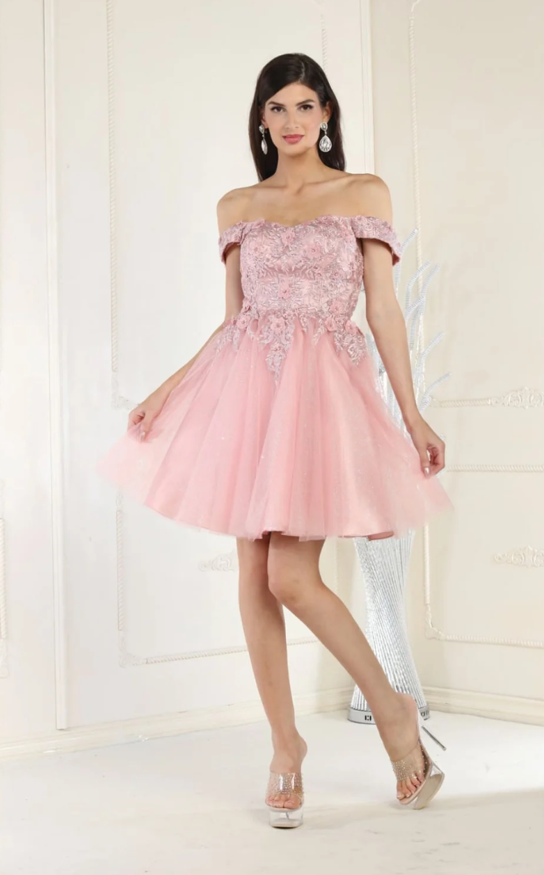Applique Short Off Shoulder Dress by May Queen MQ1964