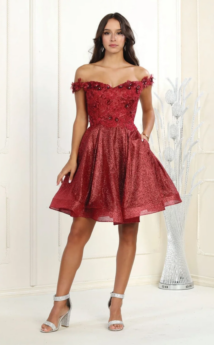 3D Floral Short Off Shoulder Dress by May Queen MQ1854