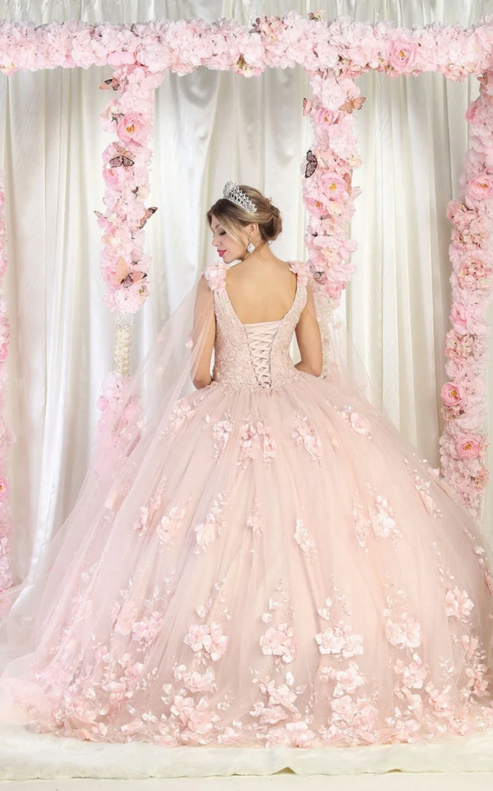 3D Floral Cape Sleeve Ball Gown by May Queen LK199