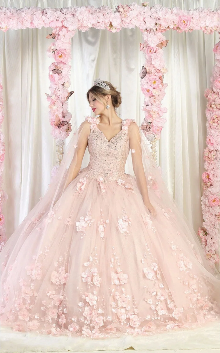 3D Floral Cape Sleeve Ball Gown by May Queen LK199