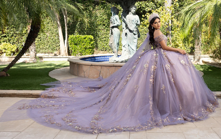 Off Shoulder Cape Ball Gown by May Queen LK292