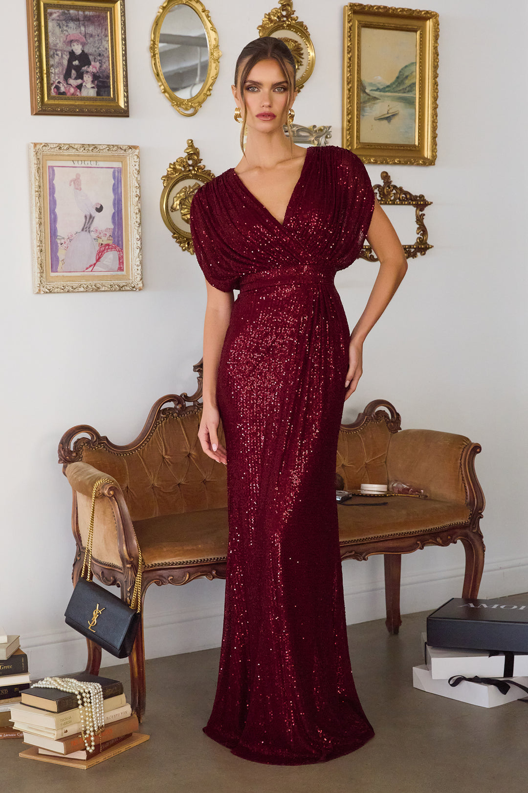 Sequin Fitted Short Sleeve Gown by Amoris T101 L / Burgundy Sequin Fitted Short Sleeve Gown by Amoris T101 L / Burgundy