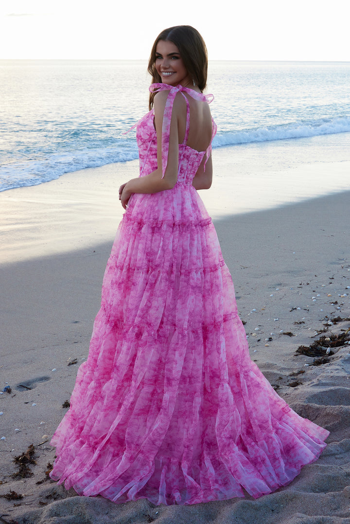 Print Sleeveless Bow A-line Gown by Nox Anabel T1501