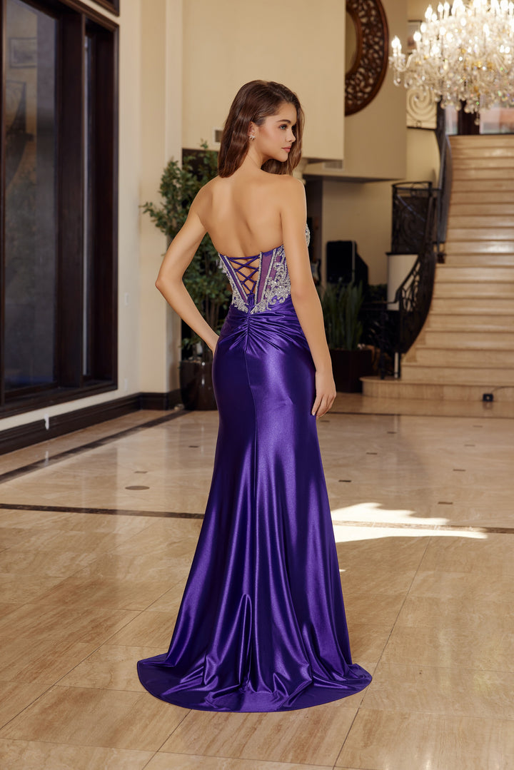 Beaded Satin Strapless Slit Gown by Nox Anabel T1854