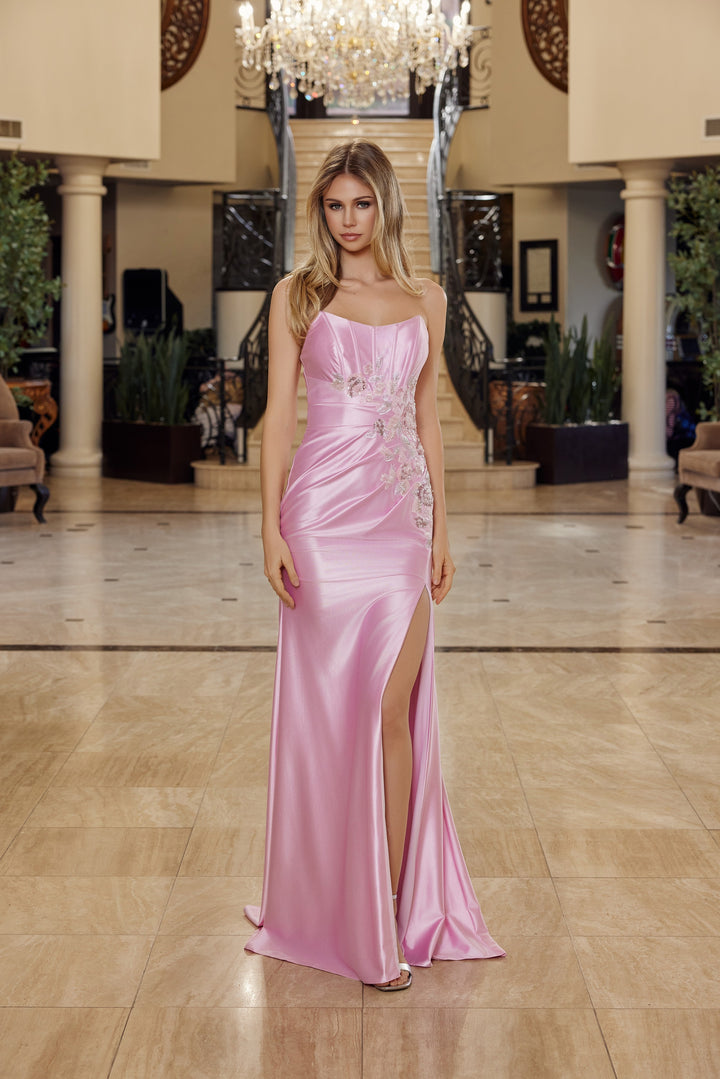 Applique Satin Strapless Slit Gown by Nox Anabel T1855
