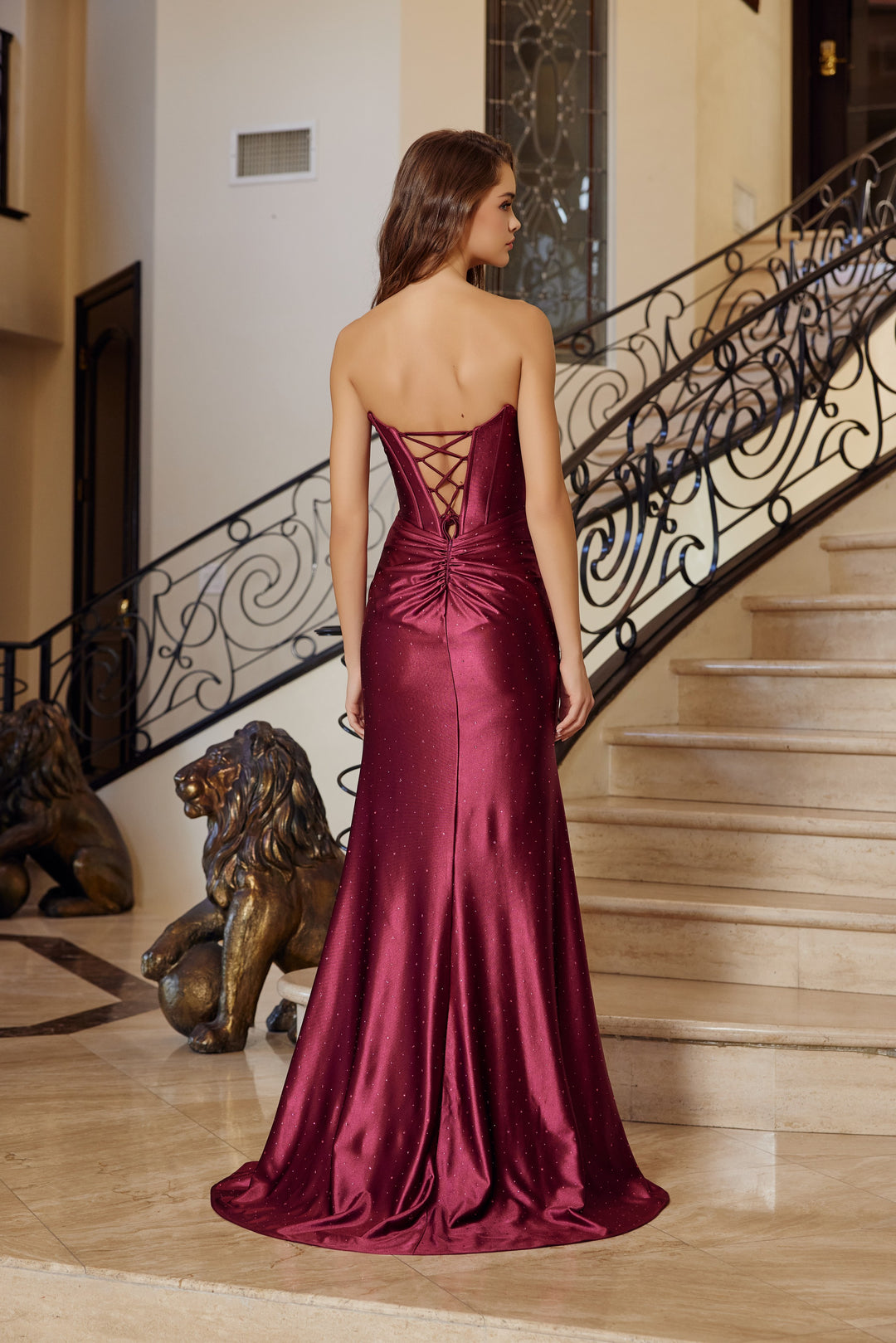 Beaded Satin Strapless Slit Gown by Nox Anabel T1861