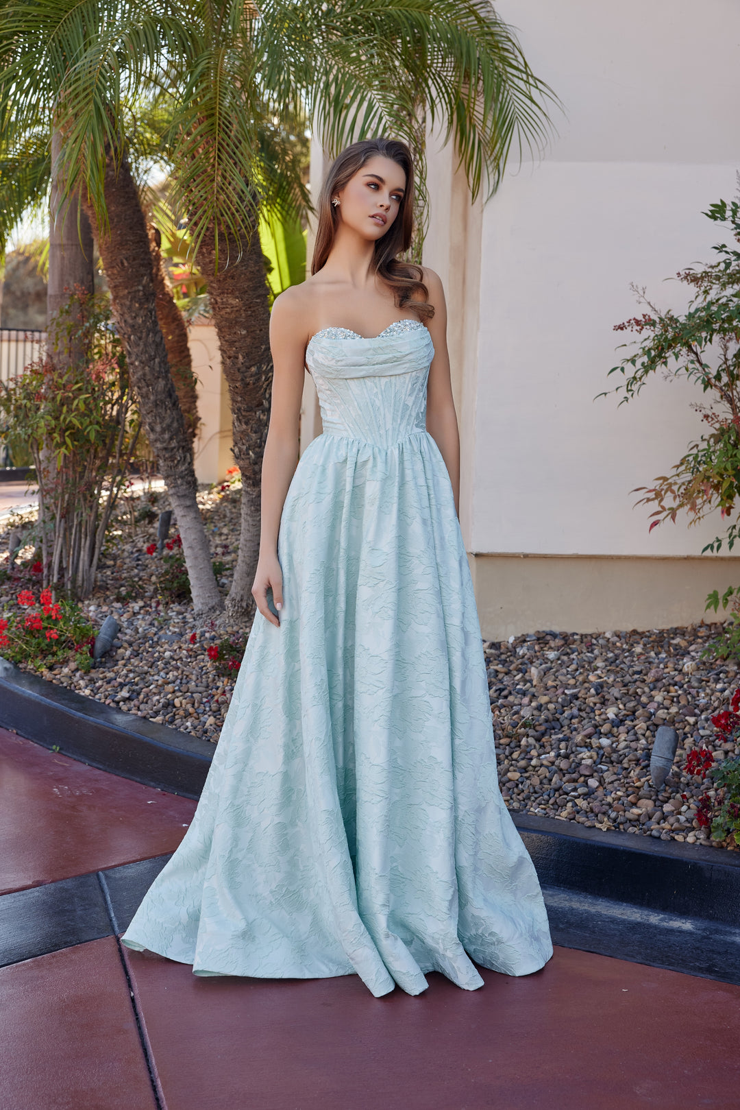 Jaquard Strapless A-line Gown by Nox Anabel T1912