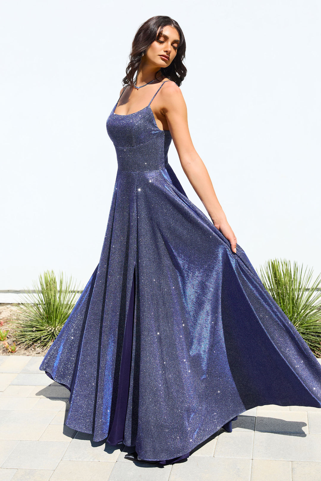 Glitter Sleeveless A-line Slit Gown by Ladivine T213