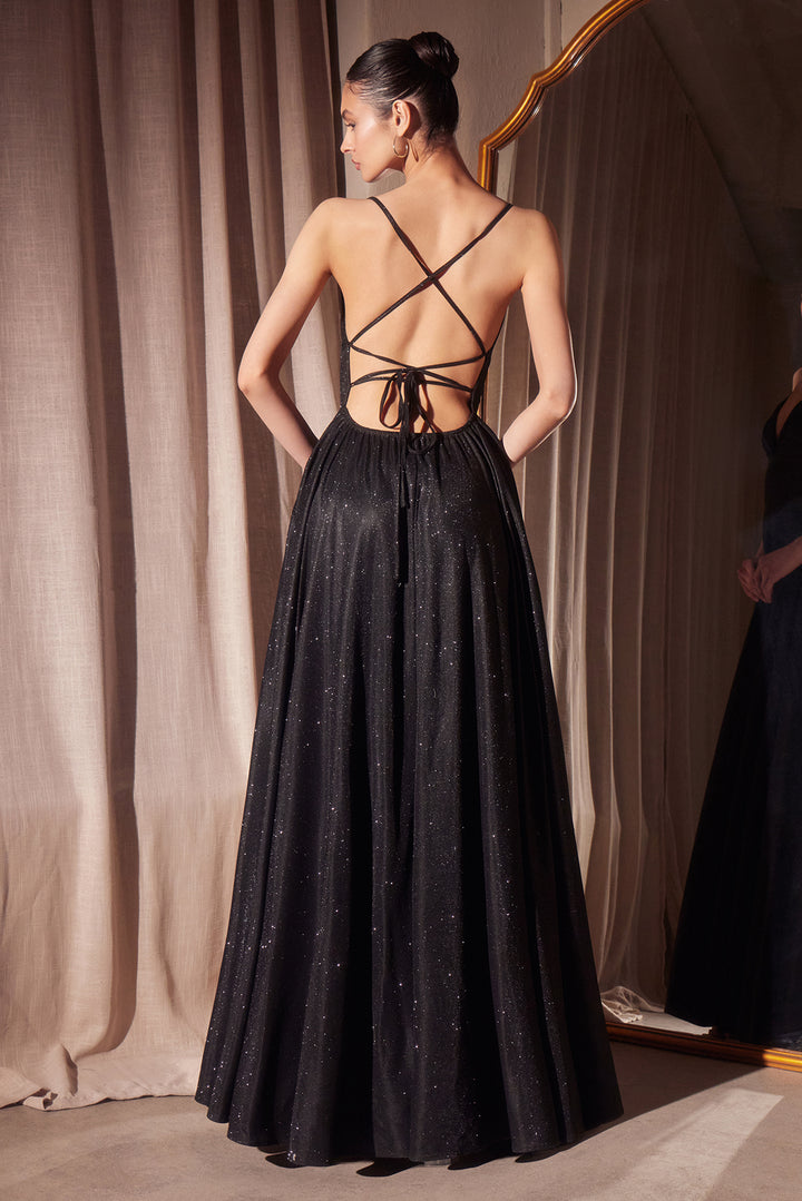 Glitter V-Neck A-line Slit Gown by Amoris T214