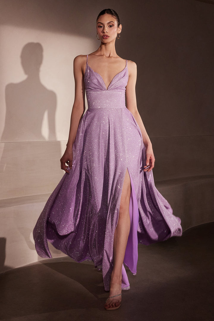 Glitter V-Neck A-line Slit Gown by Amoris T214