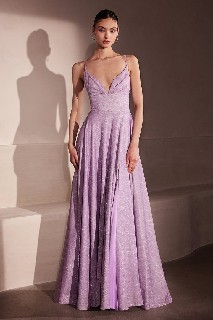 Glitter V-Neck A-line Slit Gown by Amoris T214