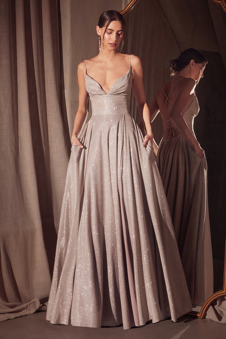 Glitter V-Neck A-line Slit Gown by Amoris T214