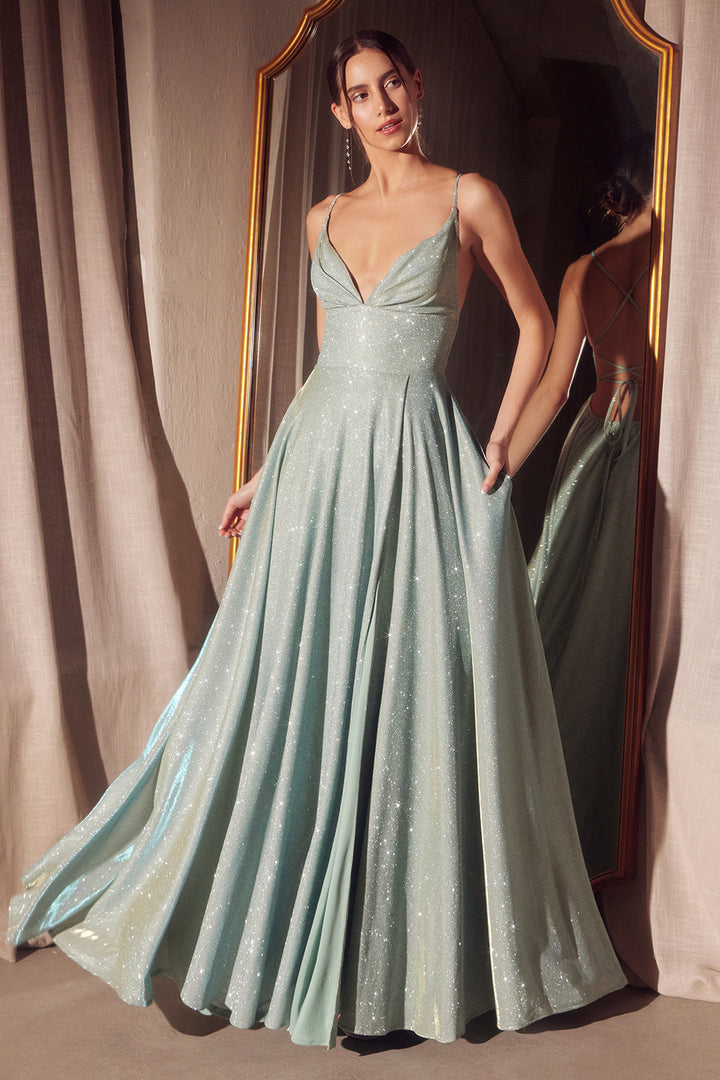 Glitter V-Neck A-line Slit Gown by Amoris T214