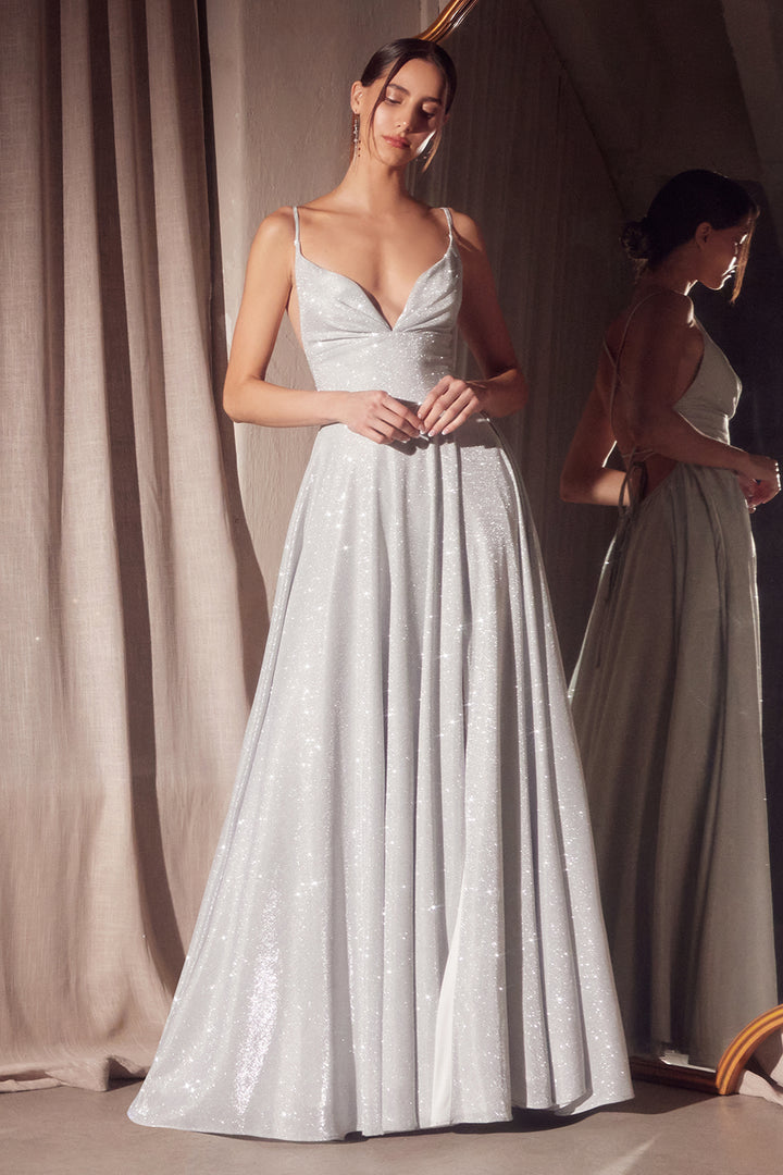 Glitter V-Neck A-line Slit Gown by Amoris T214