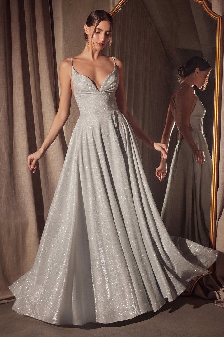 Glitter V-Neck A-line Slit Gown by Amoris T214