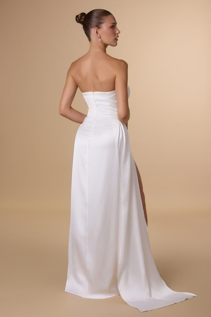 White Satin Strapless Slit Gown by Amoris T215W