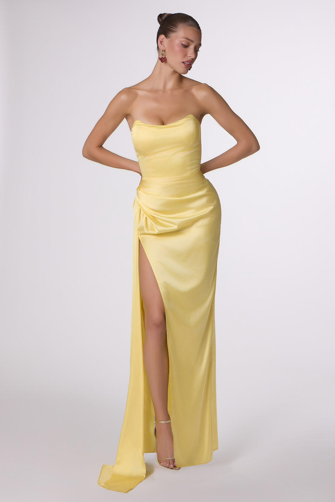 Satin Fitted Strapless Slit Gown by Amoris T215