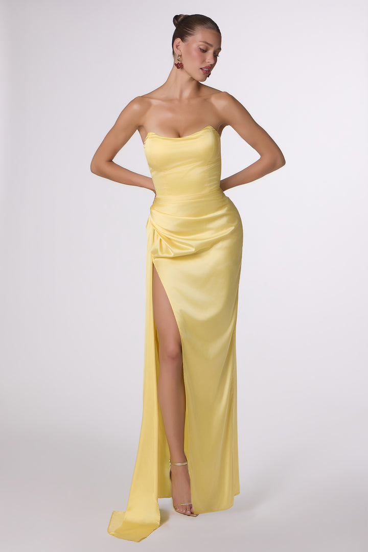 Satin Fitted Strapless Slit Gown by Amoris T215
