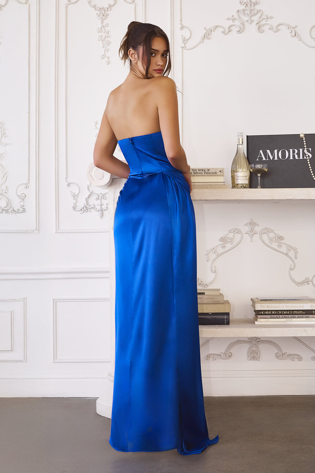 White Satin Strapless Slit Gown by Amoris T215W