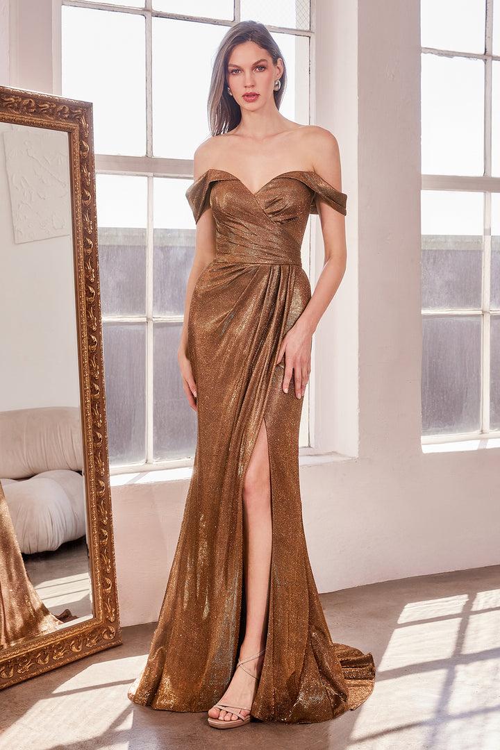 Metallic Off Shoulder Slit Gown by Amoris T605