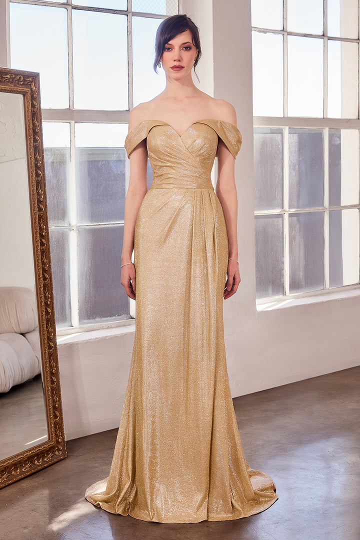 Metallic Off Shoulder Slit Gown by Amoris T605