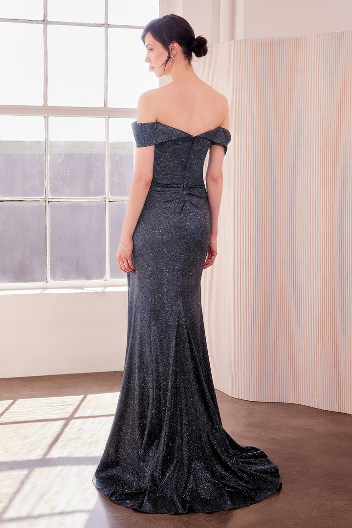 Metallic Off Shoulder Slit Gown by Amoris T605
