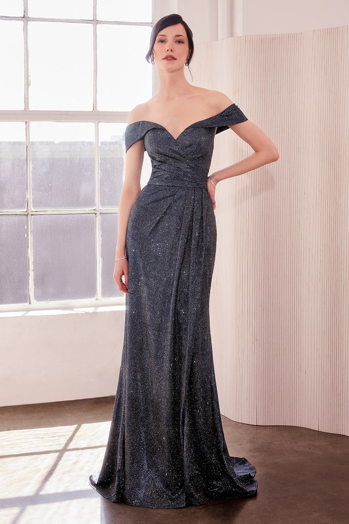 Metallic Off Shoulder Slit Gown by Amoris T605