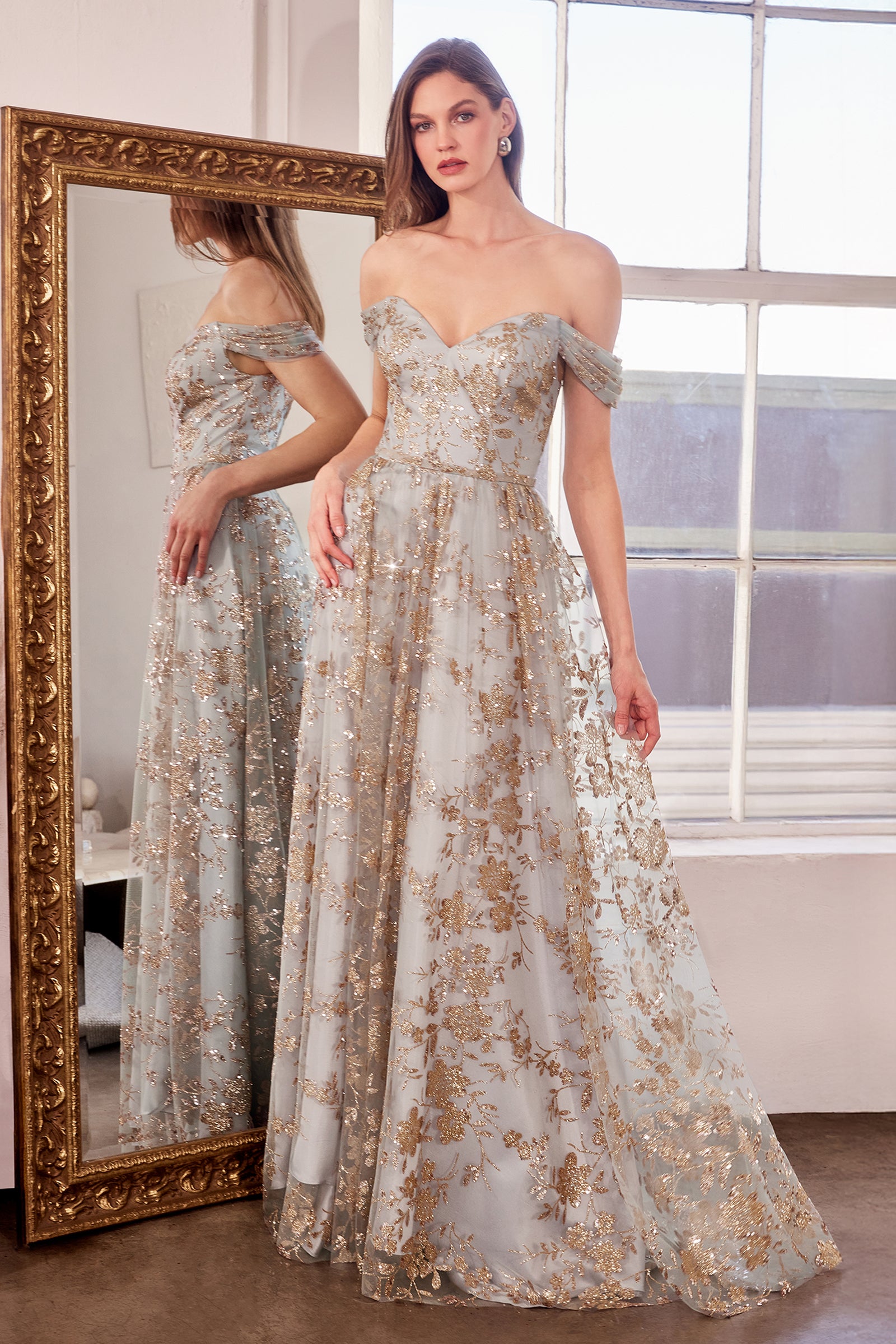 Glitter Print Off Shoulder Gown by Amoris T607 – ABC Fashion