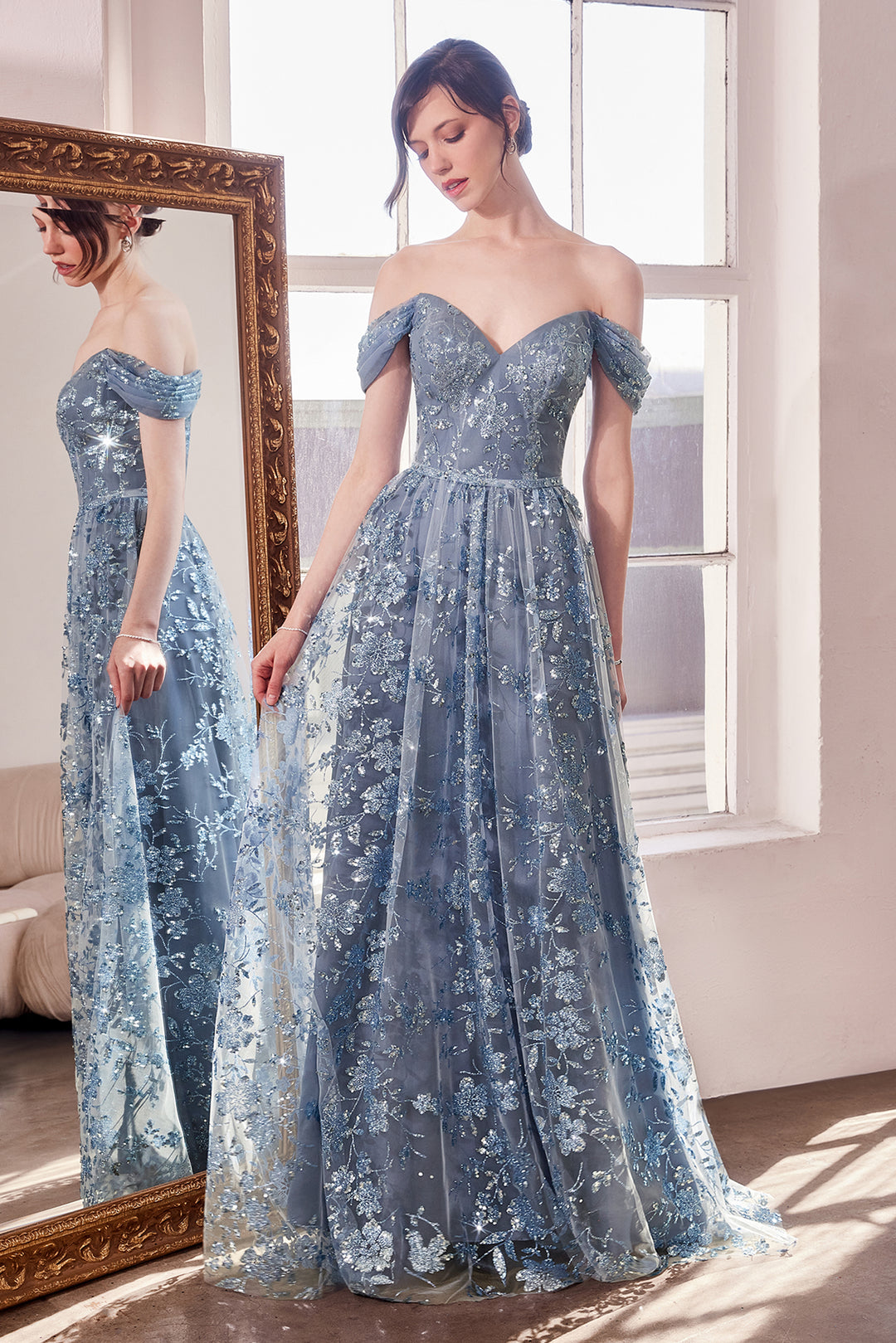 Glitter Print Off Shoulder Gown by Amoris T607