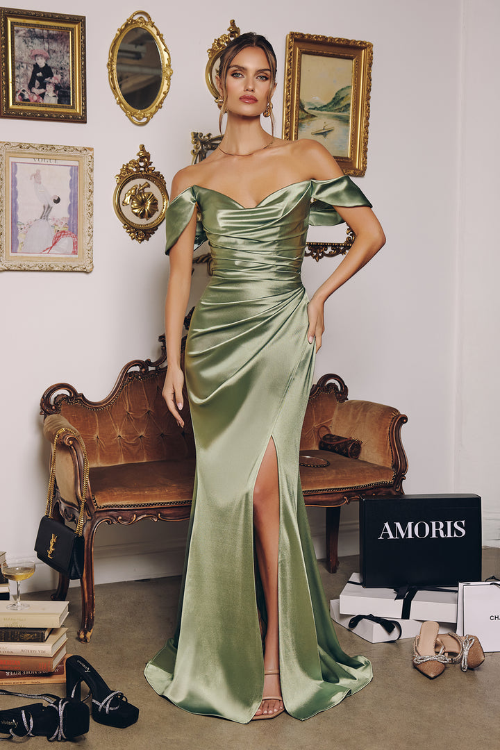 Satin Fitted Off Shoulder Slit Gown by Amoris T610
